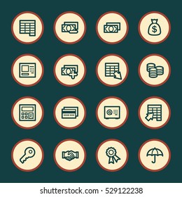 Finance and banking,  credit card and cash, atm and value, safe and handshake, web vector stock icons