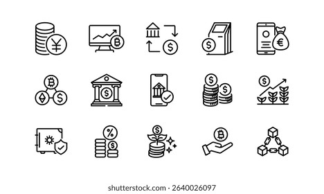 Finance, Banking and Crypto line icon set. Money, wallet, currency, bitcoin, blockchain, digital payment, banking, investment, secure transaction, interface, mobile UI thin vector icons pack
