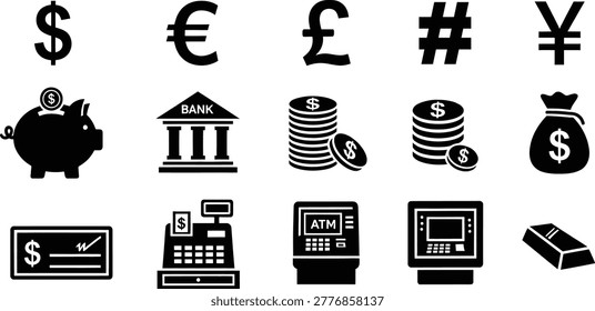 Finance banking currency icons set with credit card coin investment symbols