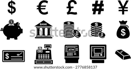 Finance banking currency icons set with credit card coin investment symbols