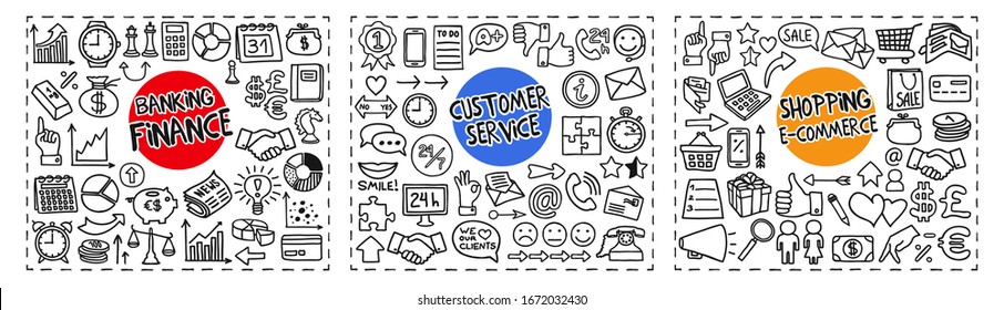 Finance and Banking, Customer Service and Shopping and e-Commerce doodle icons set