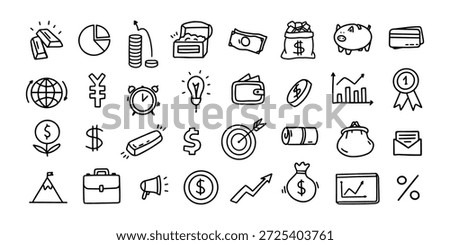 Finance and banking doodle, hand drawn piggy banks and currency for fintech app, budget infographic and economy or investment. Savings symbols, business profit chart. Outline vector icon set.