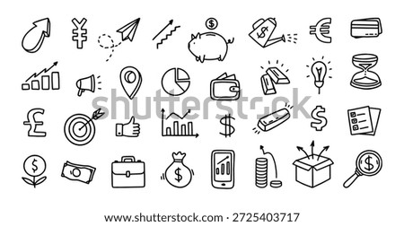Finance and banking doodle vector icons. Hand drawn piggy bank and credit card, business chart and wallet, golden bar and coins, dollar and euro sign for fintech, budget infographic and marketing.