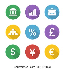 Finance and banking flat design icons set. Trading and stock market long shadow circle symbols. Financial investment white silhouette illustrations. Deposit chart and exchange rates. Vector