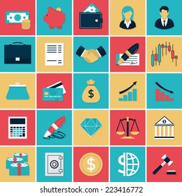 Finance and Banking flat icons set. Flat icons vector set in retro colors of finance elements for web and applications.