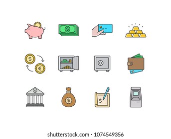 Finance, banking flat line colored icons set with piggy bank, money, credit card, golden bars, currency exchange, deposit box, safe, wallet, bank, bag, chèque, atm machine.