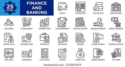 Finanz- und Bankensymbol-Sammlung. Geldbörse, Geldautomat, Dollarmünze, Bankgebäude, Tresor, Scheckheft, Taschenrechner, Rechnung, Geldtasche, Mobile Banking Symbol