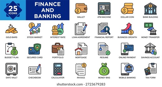 Conjunto de coleta de ícones Finanças e Bancos. Contendo Carteira, Máquina ATM, Moeda de Dólar, Edifício de banco, Cofre, Livro de cheques, Calculadora, Fatura, Bolsa de Dinheiro, Mobile ícone Bancário