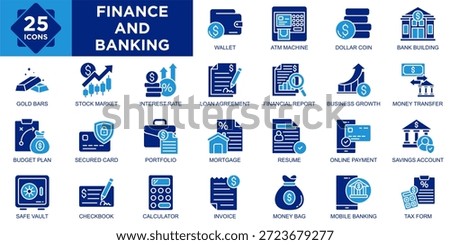 Finance And Banking icon collection set. Containing Wallet, ATM Machine, Dollar Coin, Bank Building, Safe Vault, Checkbook, Calculator, Invoice, Money Bag, Mobile Banking icon