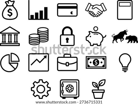 Finance and banking icon set with 20 black line symbols for money, investment, and economic strategy design content