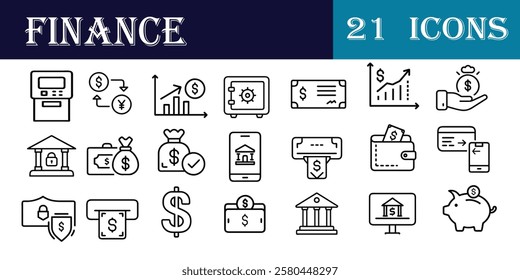  Finance and Banking Icon Set – 21 Line Style Vector Icons