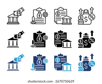 Conjunto de iconos financieros y bancarios. Que Contiene Banco, Documento, Contrato, Sello, Bolsa De Dinero, Crecimiento, Iconos De Inversión Colección.