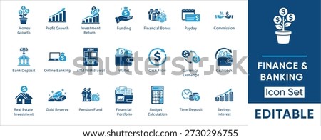 Finance and banking icon set. Containing money growth, investment return, gold reserve, real estate, pension fund, cash flow and more. Solid vector icons collection.