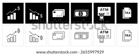 Finance and Banking Icon Set – Credit Card, Cash, ATM, Tax Document, and Economic Growth Symbols in Black and White