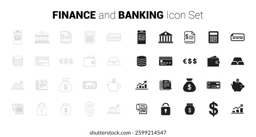 Finance and Banking Icon Set. Editable vector minimalist fill and outline icon. Perfect for web and app interfaces, presentations, info graphics, etc. In black color on a white background

