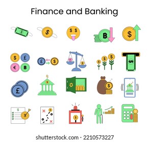 Finance And Banking Icon Set Element. Collections Of Illustration Of Money, Gold, Bank, Crypto Currency, Sharia Bank, Financial Planning, Financial Growth And Others. Vector Design Of Finance Element.