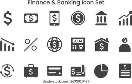 Conjunto de íconos de finanzas y banca. símbolos planos de Vector negro para dinero, ahorros, inversión, pago en línea, banca móvil, efectivo, crecimiento financiero y conceptos de economía empresarial