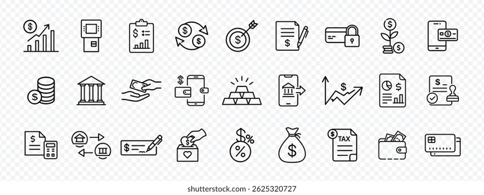 Finance and Banking Icon Set – Includes Icons for Financial Growth, ATM, Report, Profit, Money Transfer, Target Investment, Document Signing, Secure Payment, Mobile Banking, Savings, Coins, Bank