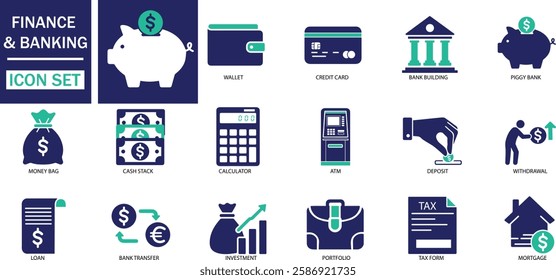 Finance  Banking icon set Wallet, money transfer, investment, savings, ATM, and cryptocurrency icons