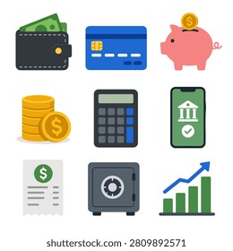 Finance banking icon set with wallet credit card piggy bank coins calculator safe invoice and growth chart for business app website infographic and money design
