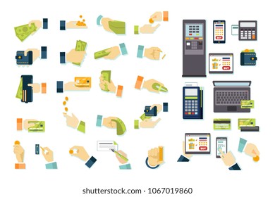 Finance and banking icons big set, money in hand, cash and bank payments vector Illustrations on a white background