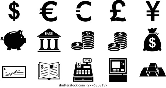 Finance banking icons collection with currency atm piggy bank money bag