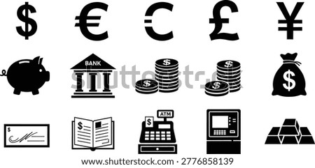 Finance banking icons collection with currency atm piggy bank money bag