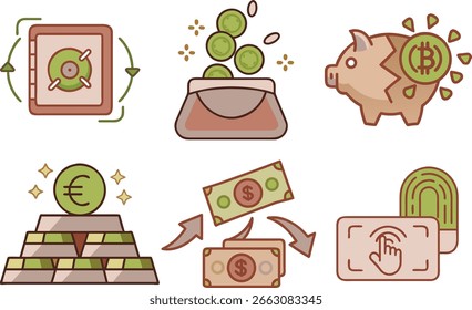 Finance and banking icons featuring coins, wallets, currency exchange, vaults, and biometrics