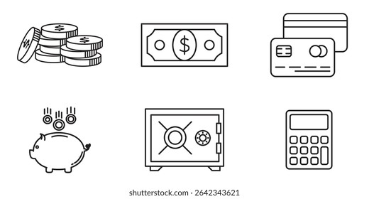 Finance and banking icons including money, coins, credit cards, piggy bank, calculator, and secure vault, ideal for web, UI design, and financial graphics