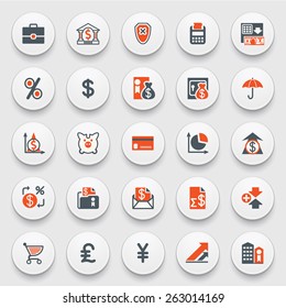 Finance and banking icons on white buttons. Flat design.