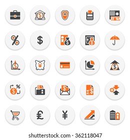 Finance and banking icons on white buttons. Flat design.