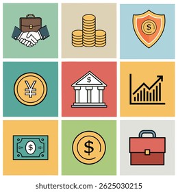 Conjunto de iconos de finanzas y banca: Ilustración vectorial de conceptos de dinero, moneda, banca, inversión y negocios