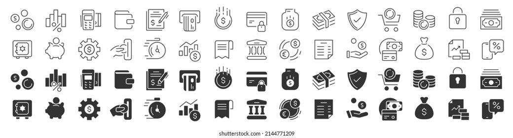 La línea financiera y bancaria excelente colección de iconos en dos estilos diferentes. Paquete de iconos de contorno delgado. Ilustración vectorial eps10