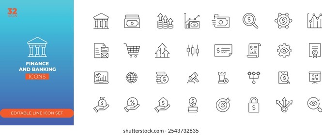 Das "Finance and Banking Line Icon Set" umfasst in der Regel minimalistische, vektorbasierte Symbole, die verschiedene Finanzdienstleistungen, Bankgeschäfte und verwandte Konzepte darstellen.