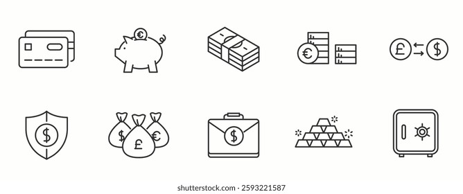 Finance and Banking line Icon Set. Economy, payment, exchange, wallet, transaction, savings, account, assets . Vector Illustration