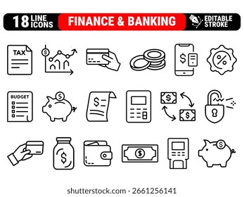 Conjunto de iconos de líneas financieras y bancarias: dinero, inversión, cartera, banco, tarjeta de crédito y símbolos financieros en estilo de contorno moderno