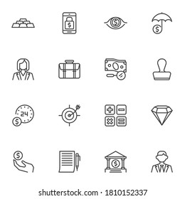 Finance, banking line icons set, outline vector symbol collection, linear style pictogram pack. Signs, logo illustration. Set includes icons as gold bars, mobile banking, money investment, accounting