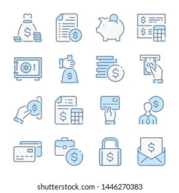 Finance, Banking and Payment related blue line colored icons.