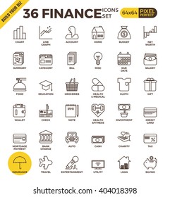 Finance and banking pixel perfect outline icons modern style for website