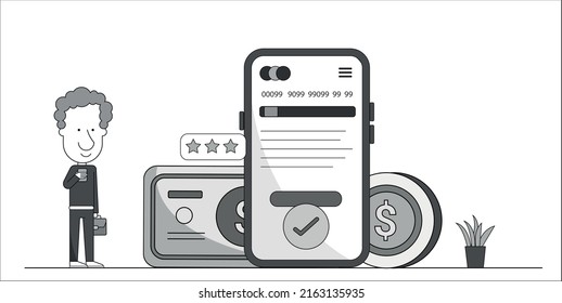 Servicios financieros o bancarios y consultas a través de teléfonos móviles, servicios móviles bancarios. Tarjeta de crédito y pila de monedas, ilustración de arte de línea moderna.