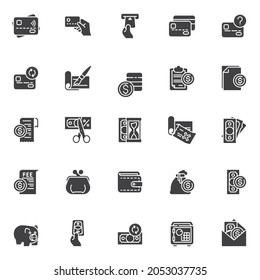 Finanzas, juego de iconos de vectores bancarios, colección moderna de símbolos sólidos, paquete de pictogramas de estilo relleno. Señales, ilustración del logotipo. El juego incluye iconos como transferencia de dinero, tarjeta de crédito, caja fuerte bancaria, pago en efectivo