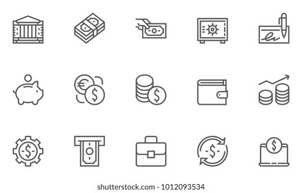 Finance and Banking Vector Line Icons Set . Contains Coins, Money and Bank Management icons.. Editable Stroke. 48x48 Pixel Perfect.