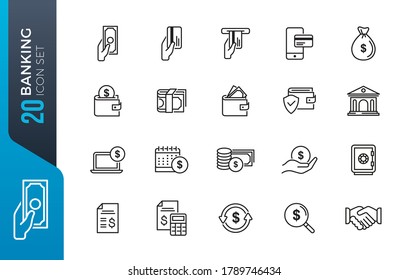 Finance and Banking Vector Line Icons Set . Contains Coins, Money and Bank Management icons.. Editable Stroke.