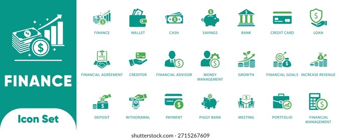 Vectores financieros y bancarios. Cuenta con billetera, banco, ahorros y símbolos de crecimiento. Ideal para App de fintech, UI de inversión y banca.