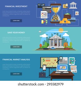 Finance Banner Horizontal Set With Financial Investment And Market Analysis Flat Elements Isolated Vector Illustration