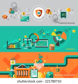 Finance banner set with financial security analytic business cooperation isolated vector illustration