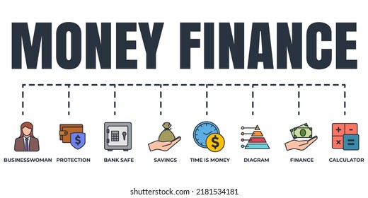 Finance banner web icon set. protection, diagram, finance, savings, calculator, time is money, bank safe, businesswoman vector illustration concept.