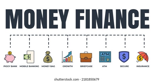Finance banner web icon set. piggy bank, growth, money bag, briefcase, secure, atm, insurance, mobile banking vector illustration concept.