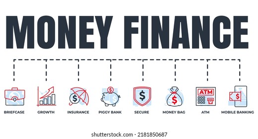 Finance banner web icon set. piggy bank, growth, money bag, briefcase, secure, atm, insurance, mobile banking vector illustration concept.