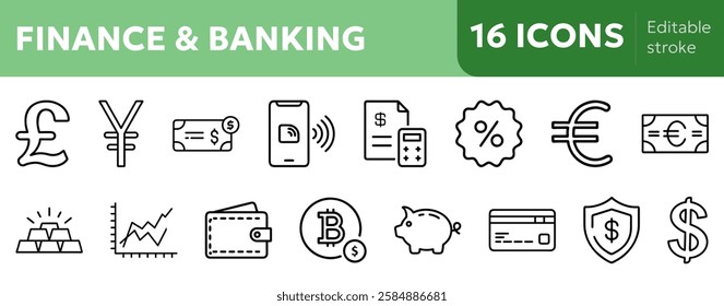 finance bannking icons including piggy bank, dollar, euro, british pound, japanese yen, bitcoin, stock market graph, wallet, credit card, mobile payment 